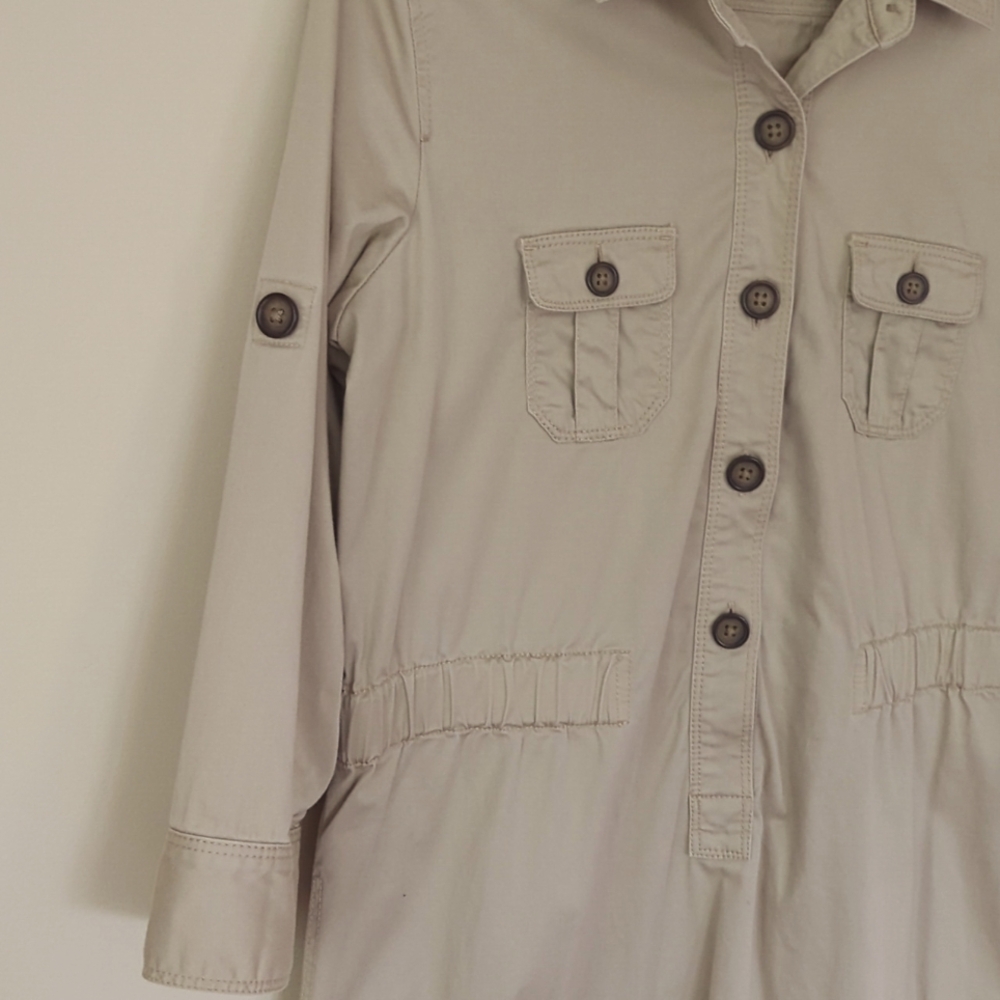 Ann Taylor Loft Khaki Safari Button Tab Sleeve Collared Dress SP Tan Pockets - Picture 5 of 16